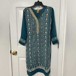 Indian Pakistani kurta top teal blue & white embroidery pearl accents chiffon